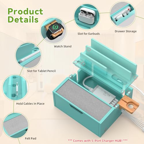 Pezin & Hulin Bamboo Charging Station with Power Charger & Cables-Teal - color: #3 Bamboo- Teal(With Charger)