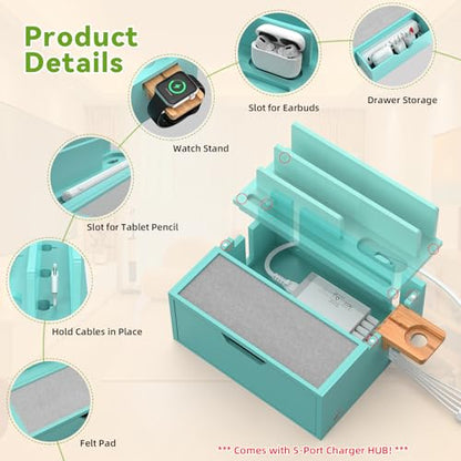 Pezin & Hulin Bamboo Charging Station with Power Charger & Cables-Teal - color: #3 Bamboo- Teal(With Charger)