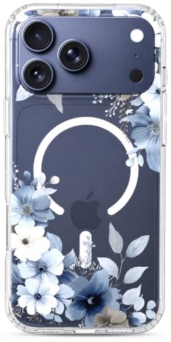 Ranz Clear Case Compatible with MagSafe for iPhone 17 Pro Max – Transparent Blue Floral Case for Women Girls, Anti-Yellowing Slim Shockproof Protective Cover - Blue Flower - color: Blue Flower, size: iPhone 17 Pro Max