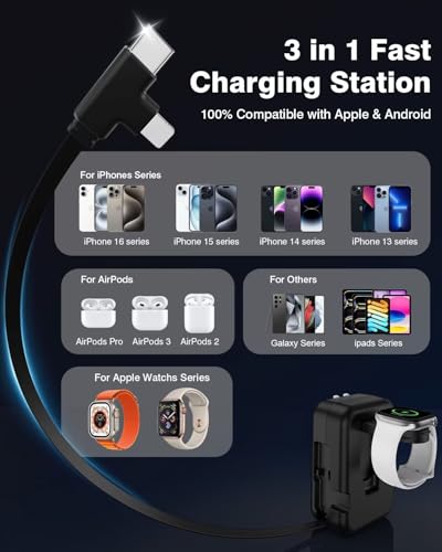 3 in 1 Retractable Wall Charger for Apple Watch,36W Fast Charging Block with 31 Inch Cables,Multi-Device Travel Charger for iPhone 17/16/15/14/13/12, iWatch & AirPods (Black) - color: Black