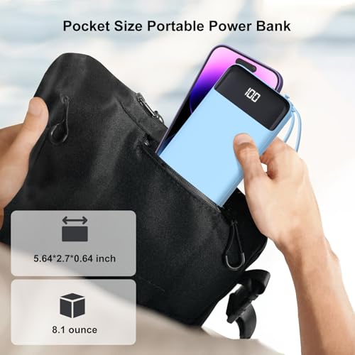 Portable Charger Built-in Cables,10000mAh Fast Charge Power Bank for iPhone - color: Blue