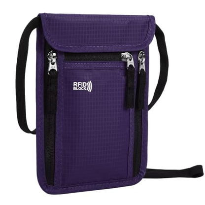 Travel Pouch Neck Wallet Family Passport Holder Organizer Case with RFID Blocking - color: Purple