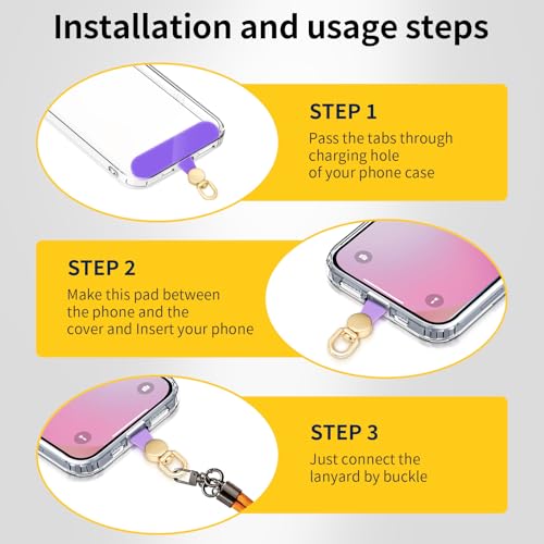360°Rotatable Phone Tether Tab,3 Pieces Universal Phone Lanyard Patch Without Adhesive,Phone Lanyard Replacement Part for Cell Phone Strap(Purple+Transparent) - color: Purple+Transparent