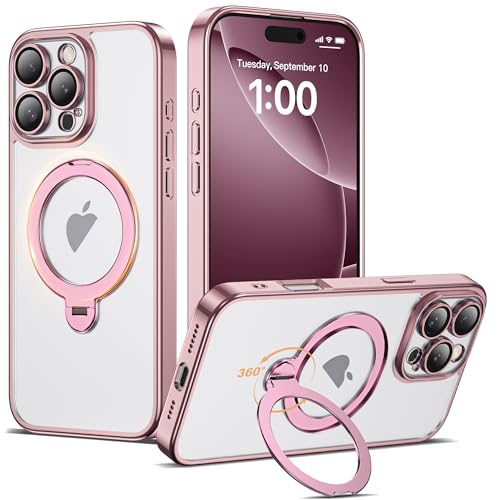 Compatible with iPhone 16 Pro Case with 360° Spin Magnetic Ring Stand [Compatible with Mag-Safe] Full Camera Lens Protector Clear Phone Case for iPhone 16 Pro 6.3", Pink - color: Pink, size: Iphone 16 Pro