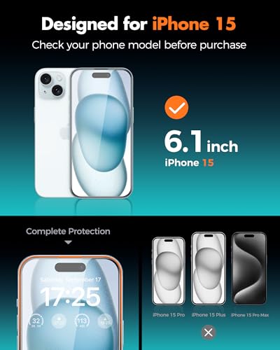 UNBREAKcable 2PCS Screen Protector for iPhone 15-1 Privacy Tempered Glass+1 Clear Glass Double Shatterproof [Easy Installation Frame] [9H Hardness] [Case Friendly] Anti-Scratch for iPhone 6.1 inch - size: iPhone 15