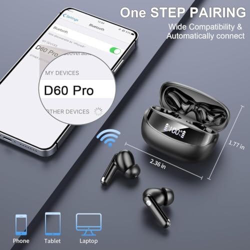 Jxrev Wireless Bluetooth 5.4 Earbuds, 6D Stereo Ear Buds, LED Power Display - color: Carbon Black