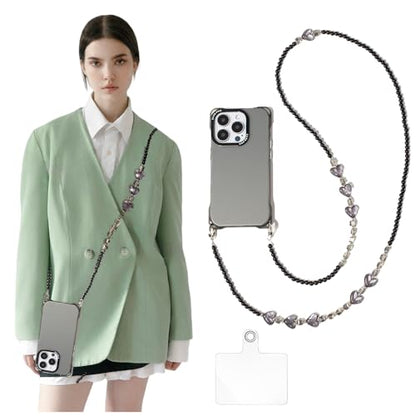 Phone Chain Crossbody Pearl Strap,Pearl Beaded Chain Shoulder Crossbody Lanyard with Phone Tether Patches Compatible with Most Phones Bag Purse - color: L
