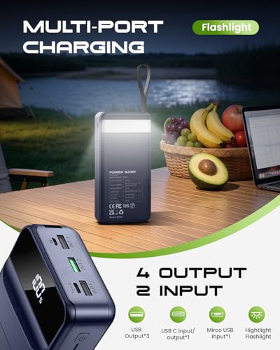 Portable Charger 60000mAh Power Bank 22.5W Fast Charging USB C Battery Pack - color: Blue