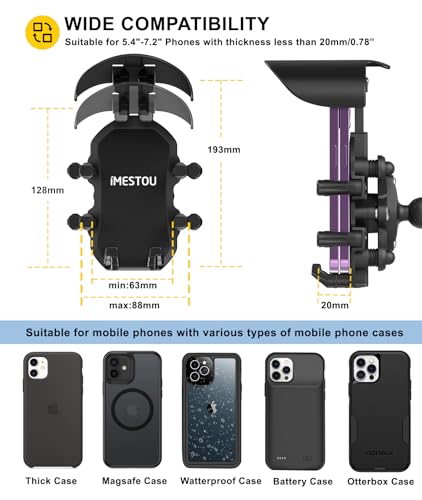 iMESTOU Anti-Vibration Motorcycle Phone Mount, Shock Damping Bike Cellphone Holder with 1" Ball Mount Base 720° Rotatable Fits for 12-32mm Handlebars, Widely Compatible with 5.4"-7.0" Smartphones