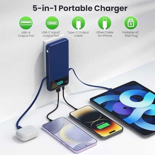 Portable Charger with Built-in AC Plug and Cables,13800mAh All in One USB C Fast Charging Power Bank,Travel Essentials Portable Phone Charger Battery Pack for iPhone 17/16/14,Galaxy,Android-Dark Blue - color: Dark Blue