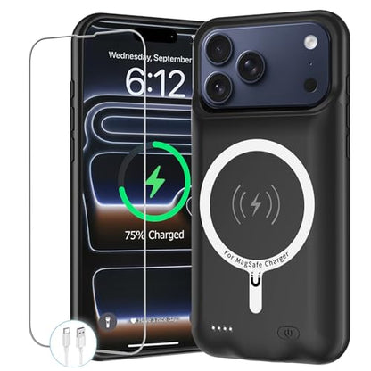 Battery Case for iPhone 17 Pro , 10000mAh Protective Charging Case with Wireless Charging Compatible with iPhone 17 Pro (6.3 inch) Rechargeable Extended Battery Pack Charger Case with Carplay (Black) - size: iPhone 17 Pro Black- 10000mAh