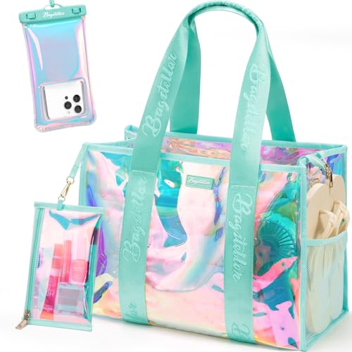 Bagstellar Iridescent Beach Bag, Jelly Tote Bag with Phone Pouch Makeup Bag | Large Beach Bags Waterproof Sandproof, Zipper Beach Tote Clear Pool Swim Boat Bag for Women Summer Travel Cruise Essentials - color: Turquoise