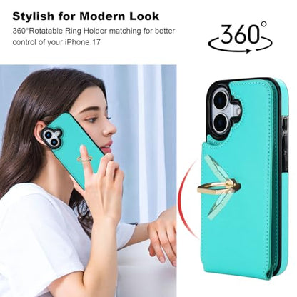 Folosu for iPhone 17 Case Wallet with Card Holder, Finger Ring Cover Green - color: Mint Green