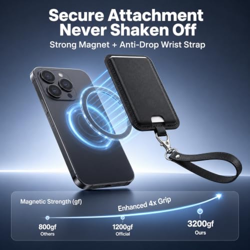 MagSafe Wallet with Wrist Strap, 3 Card Holder with RFID Blocking, MagSafe Sticker Included, Slim Magnetic Phone Wallet for iPhone 17e/17/16/15/14/13/12 Series and Selected Samsung Devices - color: Black