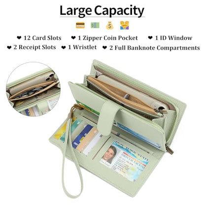 GAEKEAO Womens Wallets Large Capacity Leather Card Holder RFID Blocking Wristlet Clutch Long Travel Ladies Purse - color: Z03-Green