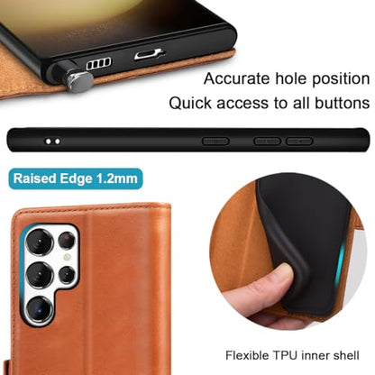 KEZiHOME Genuine Leather Wallet Case for Samsung Galaxy S24 Ultra | Khaki/Brown, RFID Blocking Card Slot, Kickstand, Magnetic Protective Phone Folio Cover, Compatible with Galaxy S24 Ultra - color: Khaki/Brown