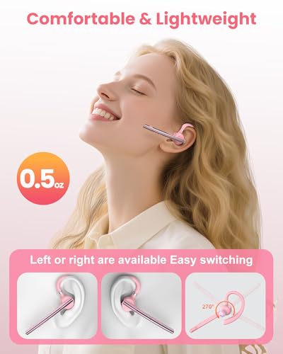 New Bee Bluetooth Headset V5.1 72H Talk Time Dual Mic with Mute Button for Business, Wireless Hand-Free Bluetooth Earpiece with 500mAh Charging Case for Cell Phone Calls Trucker Driver Laptop - color: Pink