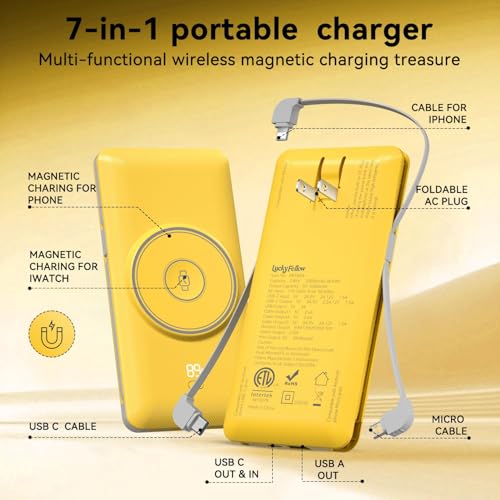 Magnetic 10000mAh Portable Charger for iWatch & iPhone, USB C Fast Charging Wireless Power Bank Built-in Cables and Wall Plug, External Travel Battery Pack Compatible with iOS Android Devices - color: Yellow