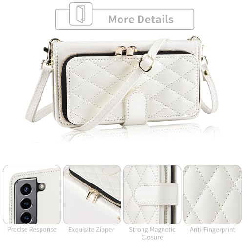 Wallet Case for Samsung Galaxy S22 5G with Detachable Wrist Strap, 9+ Card Slots Zipper Purse, Luxury PU Leather Stand Full Body Cell Phone Cover for S 22 22S 4G G5 6.1 inch Women Girls White | Wrist/Shoulder Strap, 9+ Card Slots Purse, Luxury PU Leather,