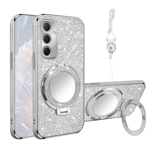 for Samsung Galaxy A35 Case [MagSafe Compatible] Glitter Card Clear Back Cover with Ring Kickstand, Lanyard, Mirror Soft TPU Protective Cover for Samsung A35 Phone Case, Silver - color: Silver, size: Samsung Galaxy A35 5G