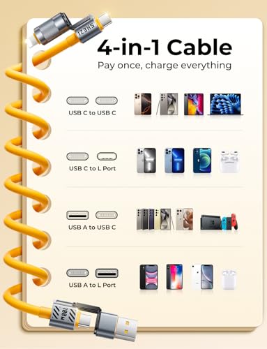 100W 4 in 1 Coiled Lightning Cable, 5FT USB A to USB C Cable for Car - color: Yellow, size: 100W, style: Coiled Cable