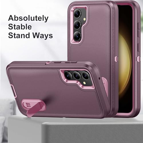 for Samsung Galaxy S23 FE Case with Kickstand Case 3-Layer Military Grade Protective Case Cover Silicone Heavy Duty Rugged Shockproof for Galaxy S23 FE Phone Case (Purple+Pink) - color: Purple+Pink
