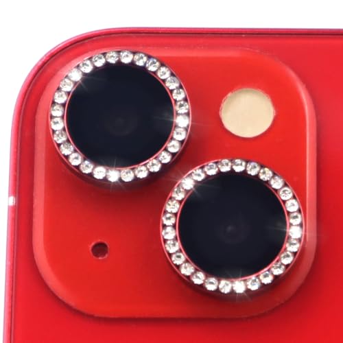 Camera Lens Protector for iPhone 15/15 Plus/14/14 Plus Bling Diamond Metal Ring Rhinestone Tempered Glass Lens Cover Accessories (Red) - color: Red