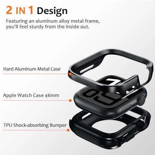 Amizee 2 in 1 Metal Rugged Case Compatible with Apple Watch Series 11/10 46mm, Aluminum Shockproof Protective Bumper Cover for iWatch 46mm, Black - color: Black, size: 46mm