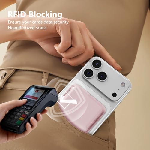 MagSafe Wallet Stand RFID Card Holder Thin Leather with Strong Magnets - color: Pink