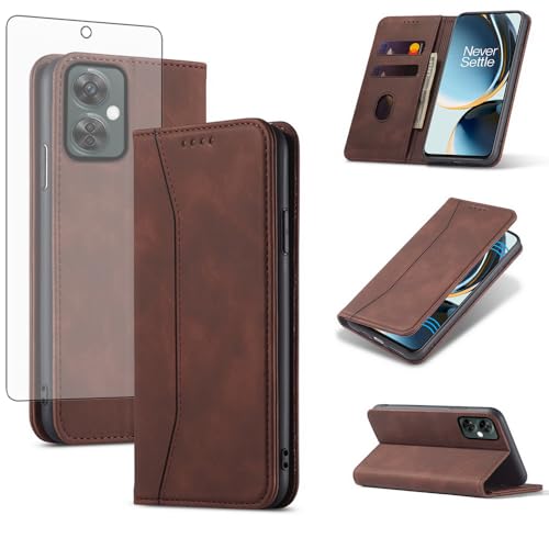 Asuwish Flip Wallet Phone Case for OnePlus Nord N30 5G/CE 3 Lite with Tempered Glass Screen Protector Magnetic Closure Folio Cover Credit Card Holder Slot Stand OPPO K11x/One Plus 1 1+ N 30/CE3 Coffee - color: Coffee