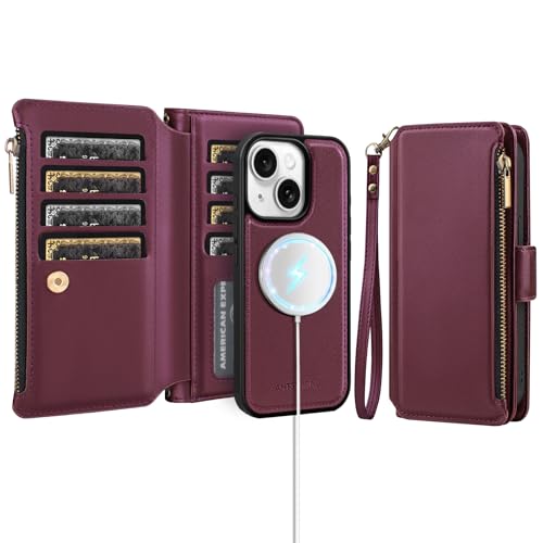 Antsturdy Compatible with MagSafe iPhone 14 Wallet Case,Wine Red | Detachable Magnetic Credit Card Holder,RFID Blocking,PU Leather Zipper Purse,Wrist Strap Kickstand,Flip Phone Cover for Women - color: (Detachable with Magsafe)-Wine Red