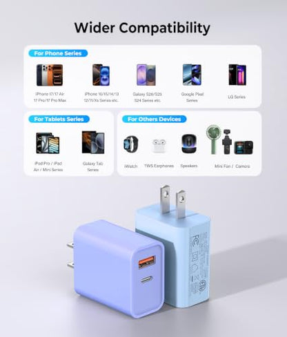 [2 Pack] 20W USB C Charger Block, 2 Ports Fast Charging Adapter - color: 2-Pack Lobelia Purple+Baby Blue