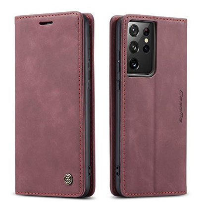 Kowauri Flip Case for Galaxy S21 Ultra - Leather Wallet With Card Slot and Magnetic Closure for Samsung Galaxy S21 Ultra 5G (Wine Red) - color: Wine red