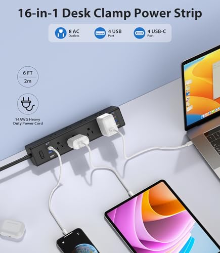 Jgstkcity Desk Clamp Power Strip 40W USB C,8 Outlets,8 USB,6FT,Black - color: Black, size: 6FT Length