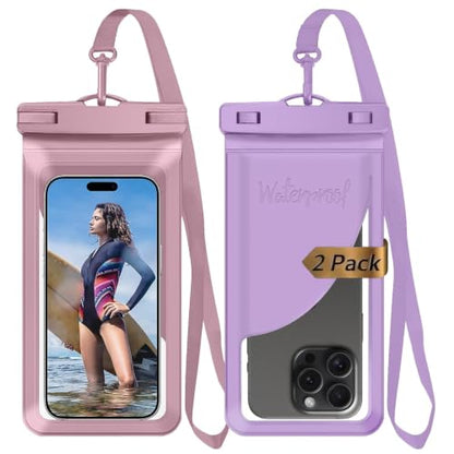 Waterproof Phone Pouch for iPhone 17 16 15 Pro Max IPX8 Pink+Purple | Card Pocket, Lightweight, Large Cellphone Dry Bag, IPX8 Rated, Beach Essential, Cruise Ship, 2 Pack, 8.3 inch - color: B8-Pink+Purple-2 pack