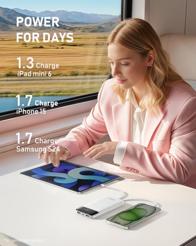charmast Portable Charger Built-in Cables, 10000mAh Slim Power Bank Pocket - color: White