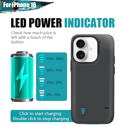 [Upgraded Battery Case for iPhone 16, 5000mAh Rechargeable Extended Battery Charging Charger Case, Add 100% Extra Juice (6.1 Inches) Black