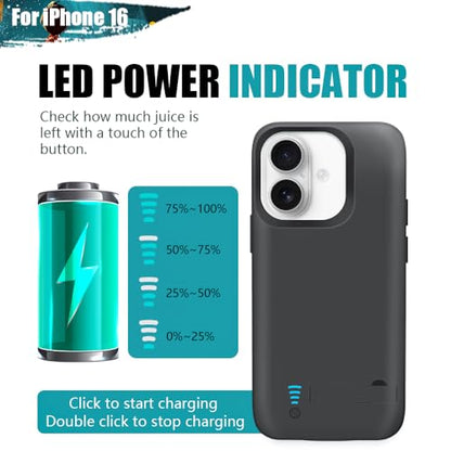 [Upgraded Battery Case for iPhone 16, 5000mAh Rechargeable Extended Battery Charging Charger Case, Add 100% Extra Juice (6.1 Inches) Black