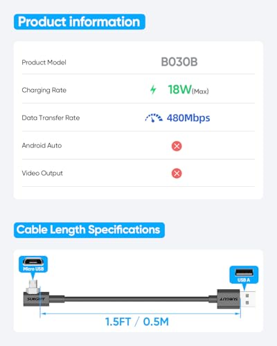 Right Angle Micro USB Cable 1.5FT [2 Pack], 18W Reversible USB Micro Cable - size: 1.5FT