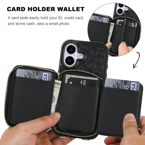 Bocasal Crossbody Wallet Case Card Holder for iPhone 17, Black | RFID Blocking PU Leather Zipper Handbag Purse, Kickstand Flip Folio Case with Card Slots Holder Wrist Strap Lanyard 6.3 Inch - color: Black