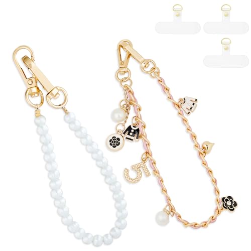 2 Pcs Phone Charm Wrist Strap with Tether Tab, Double Anti Lost Pearl Beaded Wrist Lanyard with Flower, Detachable Leather Metal Phone Charms for Bag, Key Chains, Camera Decor