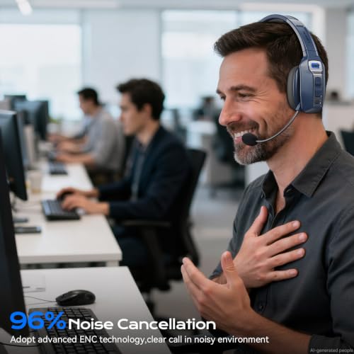 LEVN Bluetooth Headset with Microphone, Trucker Bluetooth Headset with AI Noise Cancelling & Mute Button, Wireless On-Ear Headphones 60 Hrs Working Time, for Trucker Home Office Remote Work Zoom - color: Blue