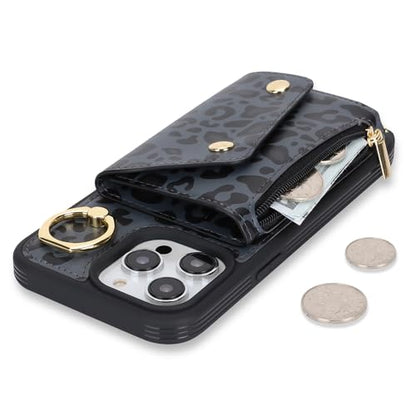 Lipvina Crossbody Wallet Case for iPhone 13 Pro,Black Leopard - color: 04-Black Leopard, size: iPhone 13 Pro 6.1"