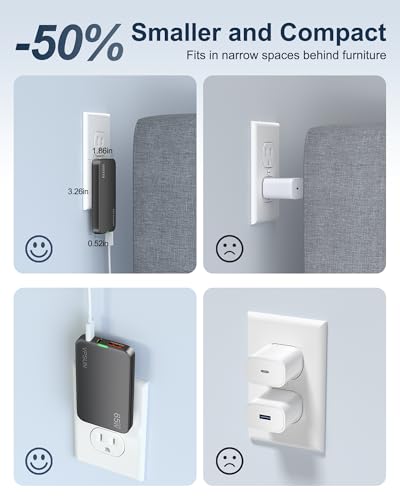 65W GaN Flat USB Wall Charger Block - 3 Port Foldable USB Charging Block - color: Gray