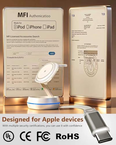 MFI Certified 3 in 1 Magsafe Wireless Charging Station,15W Magsafe Charger,Foldable Travel Charging Magnetic Stand for iPhone 17/16/15/14/13/12 Series,iWatch,Airpods,Built-in Retractable Cable