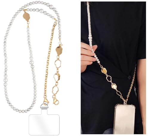 Phone Pearl Lanyard Phone Crossbody Strap,Pearl Beaded+Metal Chain with Tether Tab, Hands-Free Shoulder Cellphone Strap Compatible with Most Phones for Women (H) - color: P