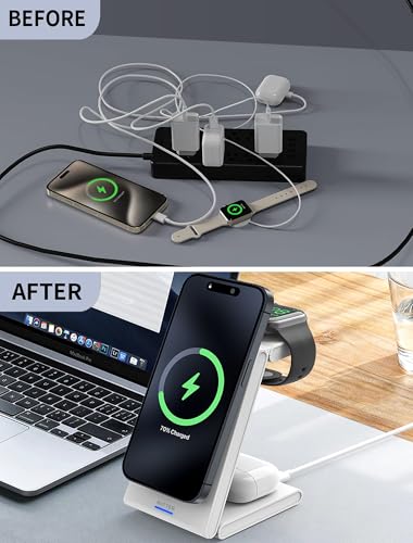 3 in 1 Wireless Charging Station, Magnetic Foldable Wireless Charger, Fast Travel Charger Stand for iPhone 17/16/15/14/13/12/Apple Watch/Airpods(20W PD Adapter Included)