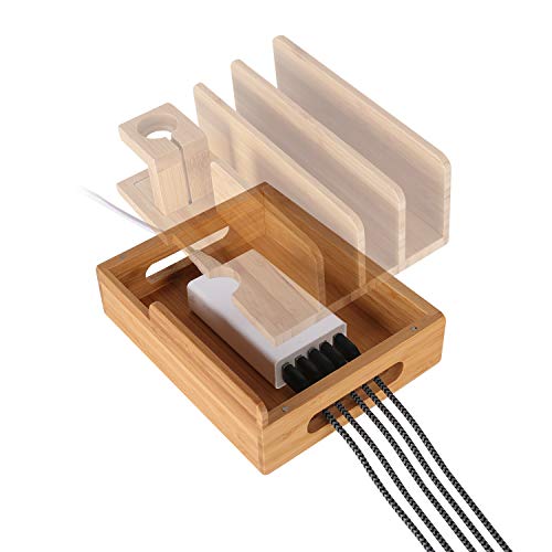 Bamboo Wood Multi-Device Desktop Charging Dock Station Charger Holder Cradle Charge Stand Compatible iPhone 16 15 14 13 Pro Max iPad Mini Pro Air Apple Watch Ulrta 10 9 8 7 6 5 4 3 2 iWatch Smartphone - color: Medium