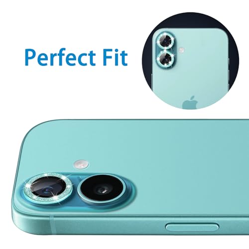 Designed for iPhone 16 and 16 Plus Camera Lens Protector, Bling Glitter Diamond Lens Cover 9H Tempered Glass Camera Cover Anti Scratch Shockproof Screen Protector - color: Teal Glitter