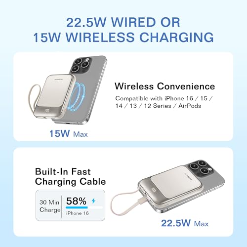 Magnetic Power Bank 10000mAh, Wireless Portable Charger with 15W Max Fast Charging & Built-in USB-C Cable, 22.5W PD LED Display Battery Pack Compatible with iPhone 17/16/15, Samsung Galaxy(white) - color: White